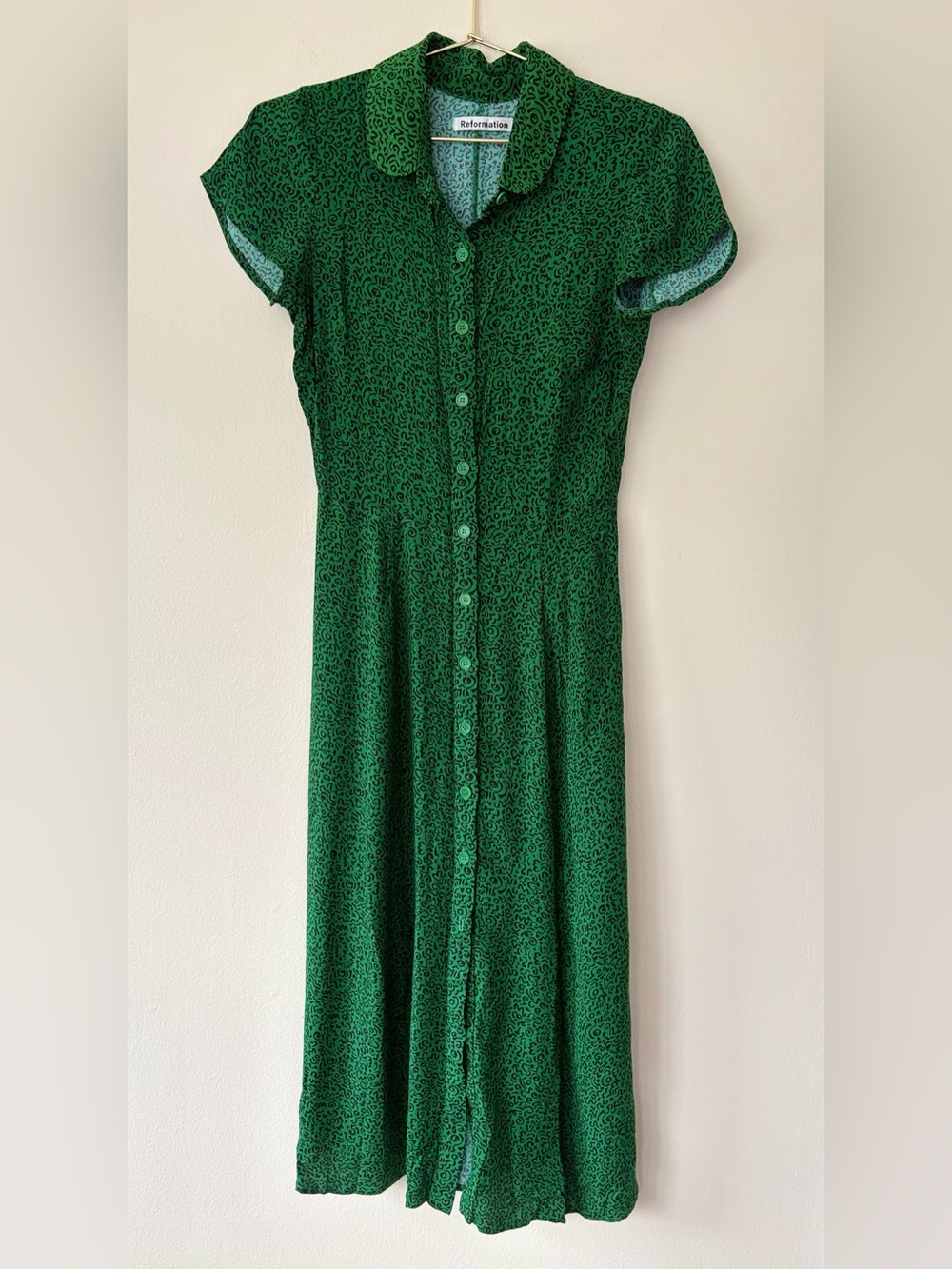 Reformation Green Printed Button Front Midi Dress Size 4 Fair Condition